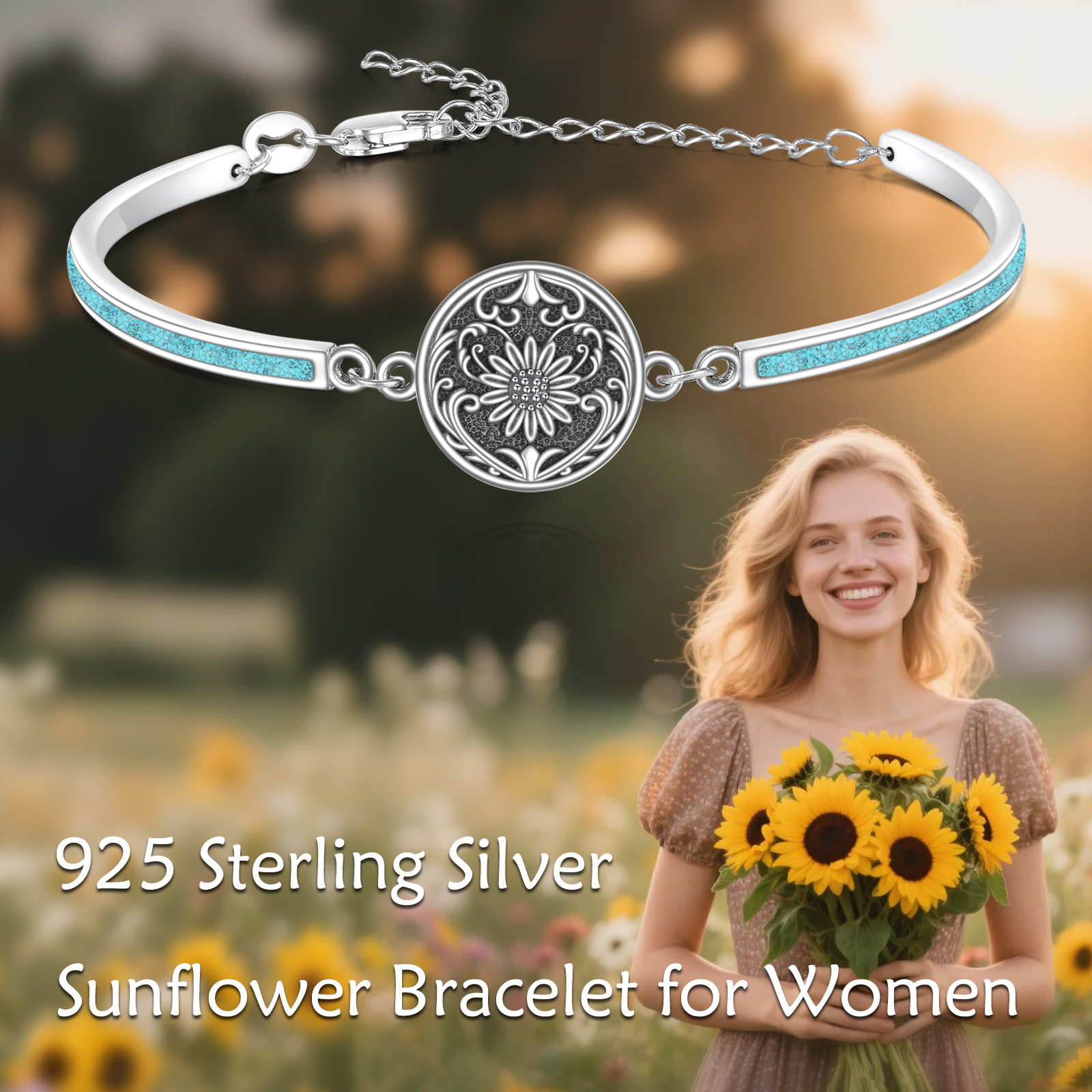 Women's 925 Sterling Silver Sunflower Bangle Bracelet